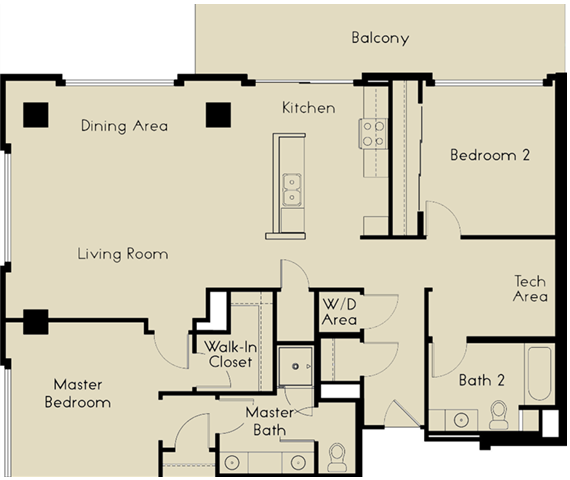 Floor plan for 2 beds, 2 baths, 1393 sqft